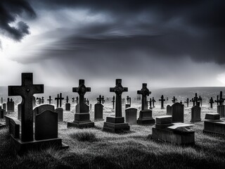 Grave crosses in a cemetery in a thunderstorm