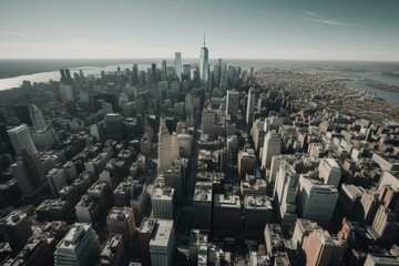 An aerial perspective of Downtown Manhattan's financial area in New York City. Generative AI