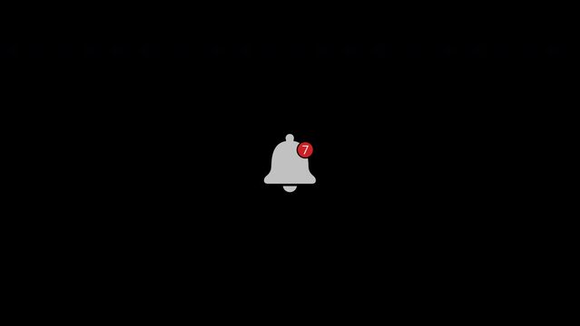 The animated reveal of the bell icon with notification numbers counting. Mouse click and accents. Isolated on a black background.