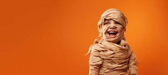 Cute Boy Dressed as a Mummy for Halloween on an Orange Banner with Space for Copy - obrazy, fototapety, plakaty