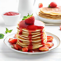 Deliciosos pancakes con sirope de fresa. Pila de tortitas con fresas para merendar. Torre de tortitas americanas con sirope de fresa y fruta. Ilustraci&oacute;n creada con herramientas generativas de IA.