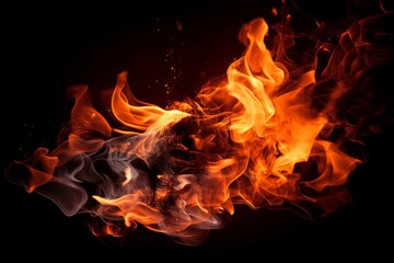 Illustration of a close-up view of a blazing fire against a dark background created using generative AI