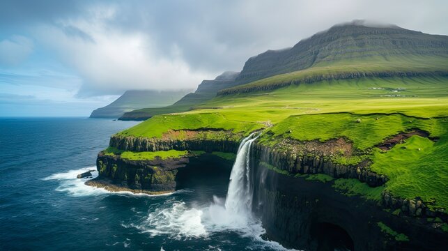 Experience the Majestic Beauty of Mulafossur Waterfall in Faroe Islands, Surrounded by Mountains, Sky, and Ocean for an Unforgettable Vacation: Generative AI
