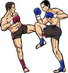muay thai sparring fighting red and blue boxer