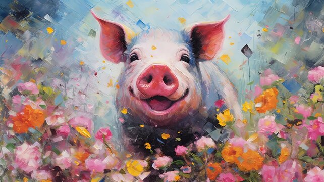 art illustration of cute pig in flower blossom atmosphere, Generative Ai