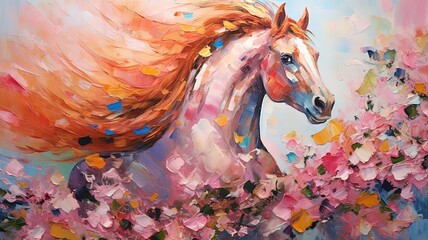 art illustration of cute horse in flower blossom atmosphere, Generative Ai
