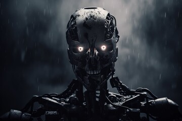 Illustration of a futuristic robot with glowing eyes standing in the rain, created using generative AI