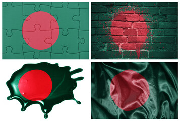national colorful realistic flag of bangladesh in different styles and with different textures on the white background.collage.