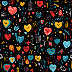 A seamless pattern with hand-drawn doodles, whimsical illustrations, and quirky elements like stars, hearts, arrows, and doodled text, creating a playful and imaginative design. 
