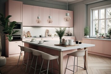 A large Nordic flat featuring cozy pastels, sleek appliances, and trendy decor. Generative AI