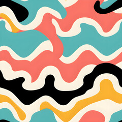 A seamless pattern featuring patterns commonly associated with Pop Art, such as Ben-Day dots, stripes, zigzags, and chevron motifs, in bold and eye-catching colors. 