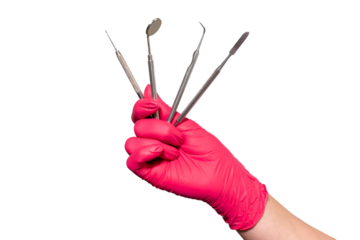 Close-up dentist hands in medical gloves hold dentistry tools, mirror isolated over white background Oral hygiene dental instruments, health care, orthodontic treatment copy space