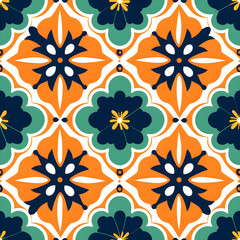 Fototapeta na wymiar Retro colorful tile in the shape of a flower, in the style of orange and navy, elaborate borders, bold block prints, chicano-inspired, precisionist lines. 