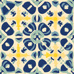Retro colorful tile in the shape of a flower, in the style of yellow, creme and navy, elaborate borders, bold block prints, chicano-inspired, precisionist lines. 
