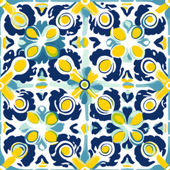 Retro colorful tile in the shape of a flower, in the style of yellow, creme and navy, elaborate borders, bold block prints, chicano-inspired, precisionist lines. 
