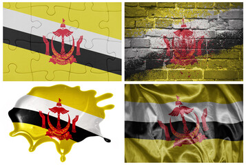 national colorful realistic flag of brunei in different styles and with different textures on the white background.collage.