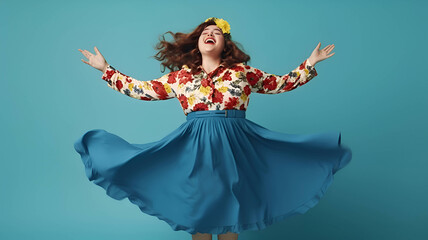 Fototapeta premium Plus size happy plump girl attractive overweight model on blue background with arms outstretched in happiness jumping up, ai generated