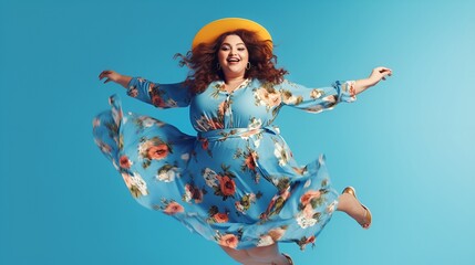 Plus size happy plump girl attractive overweight model on blue background with arms outstretched in happiness jumping up, ai generated