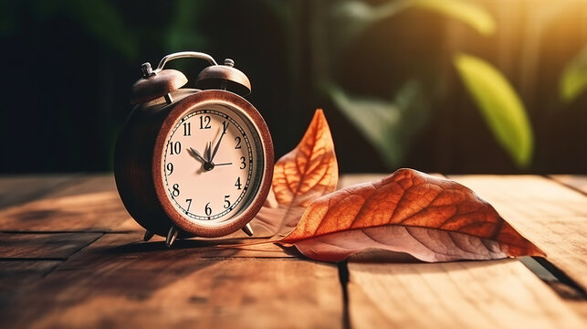 ai generated illustration Alarm clock with fall leaves