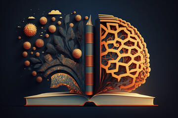 ai generated illustration brain, books, Library, education, new idea concept