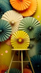 Obraz premium yellow, green Graduation paper holiday fans. New Year holiday, birthday background. Decorative object. AI generated