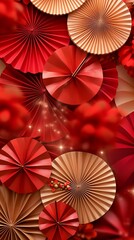 red graduation paper holiday fans. New Year holiday, birthday background. Decorative object. AI generated