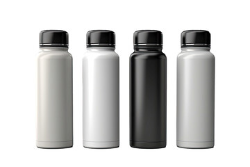 Thermos bottles in shades of white, gray, and black. A thermos bottle made of aluminum on a transparent background. A 3D representation for creating a design logo. - obrazy, fototapety, plakaty