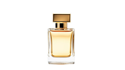 A gold glass bottle containing men's eau de parfum is seen on a transparent background. It is a fragrance for men and comes in a spray form. This modern luxury parfum de toilette includes hints of - obrazy, fototapety, plakaty