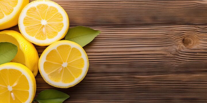 Citrus refreshment. Closeup of top view of fresh fruit and lemon slice on a wooden table with copy space