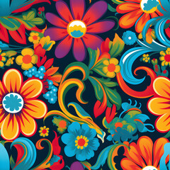 Fototapeta na wymiar A seamless pattern inspired by retro psychedelic art, incorporating bold and vibrant colors, swirling patterns, and flower motifs, evoking the nostalgic and groovy vibe of the 1960s. Generative AI.