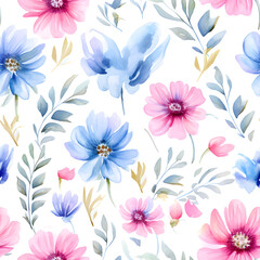 Obraz premium A seamless pattern Digital art aquarell flowers on white background. Generative AI