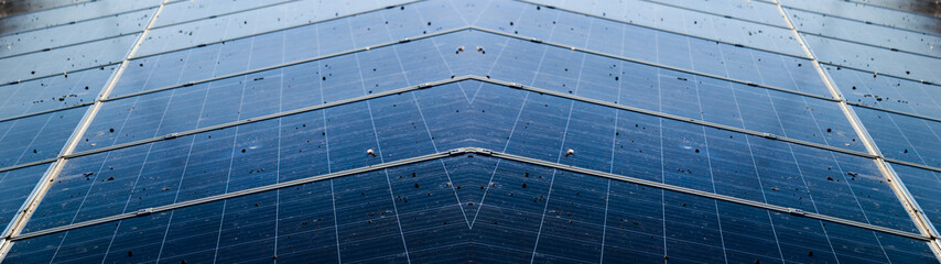 Blurred dirty solar cell panels caused by bird droppings, concept of solar cell panel maintenance service                                                                                        