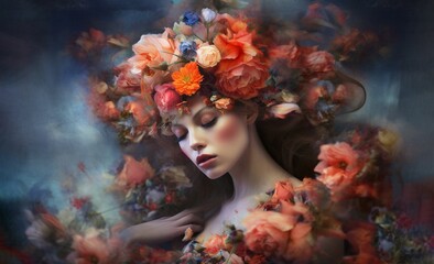 A gentle female face with flowers in her hair like a huge wreath of flowers. AI generated