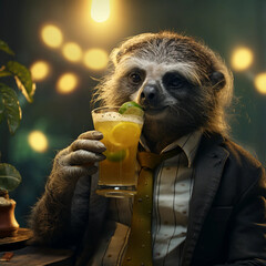 Photo of a funny anthropomorphic animal drinking. Generative AI