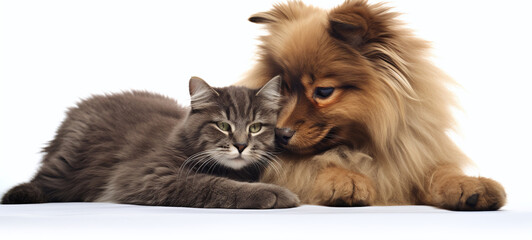 cat and dog friendly relaxing on white background 