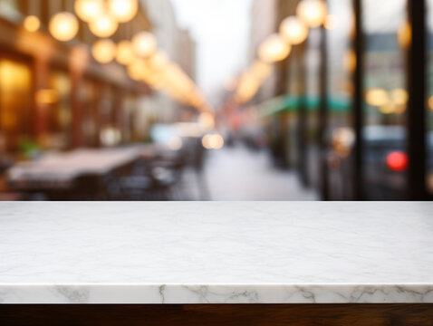 Clean and Elegant: Empty White Marble Stone Tabletop with Shelf, Against a Blurred Background. Perfect for Food and Product Display. Generative ai
