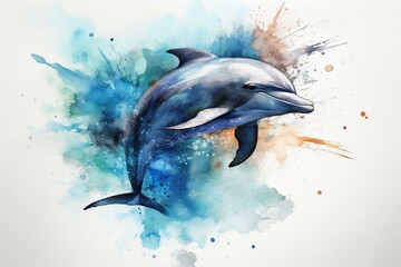 A watercolor painting featuring a youthful dolphin jumping from the sea. Generative AI