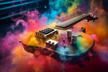 Illustration of an electric guitar with a vibrant and colorful background created using generative AI