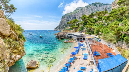 Printed roller blinds Positano beach, Amalfi Coast, Italy Landscape with Torre Saracena beach, Capri Island, Italy