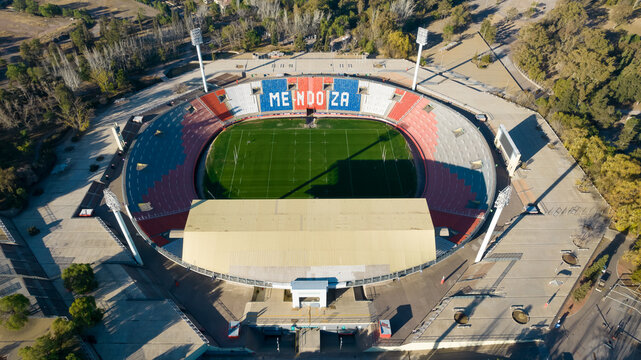 Field areal view of malvinas argentinas world cup stadium, mendoza province, argentina