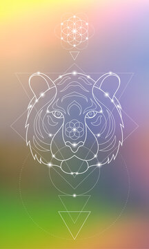 Sacred geometry spiritual new age futuristic illustration with tiger head inside of triangle, flower of life, interlocking circles, triangles and glowing particles on gradient background.
