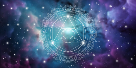 Philosopher stone. Sacred geometry spiritual new age futuristic illustration with transmutation interlocking circles, triangles and glowing particles in front of cosmic background.
