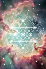 Merkaba. Sacred geometry spiritual new age futuristic illustration with transmutation interlocking circles, triangles and glowing particles in front of cosmic background.
