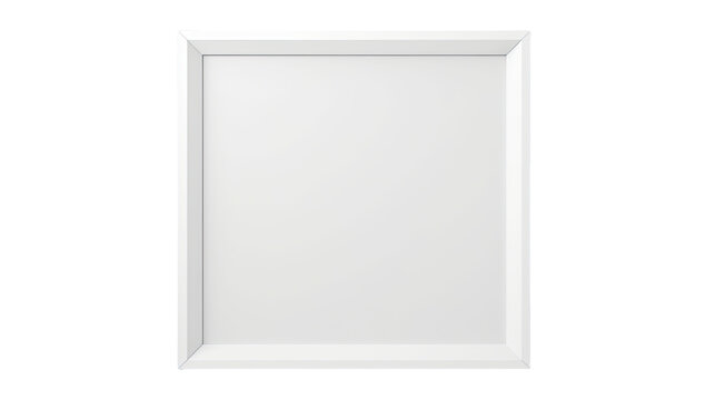 A transparent background showcases a white square picture frame with no content. The frame is empty and displays a realistic appearance. This transparent white frame mockup template is isolated on a