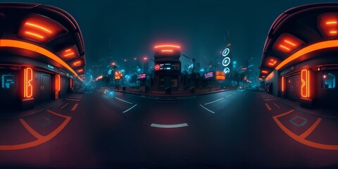Full 360 degrees seamless spherical panorama HDRI equirectangular projection of Cyberpunk Night City Tron Future. Texture environment map for lighting and reflection source rendering 3d scenes.