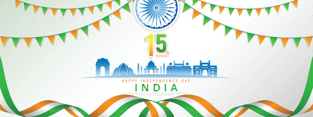 15 th August Indian Independence Day banner template design with Indian flag, Ashoka Chakra and silhouette of Indian monument.