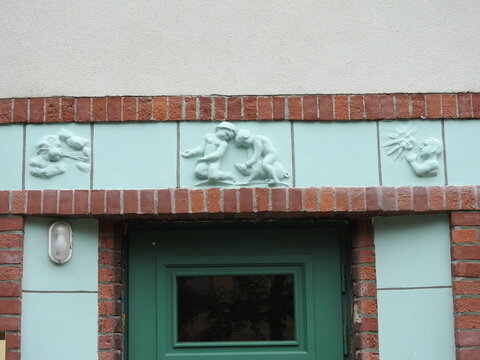hausmarks on the old german house in amalienau in kaliningrad, russia