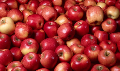 A large pile of red apples forms a captivating sight of abundance and freshness.