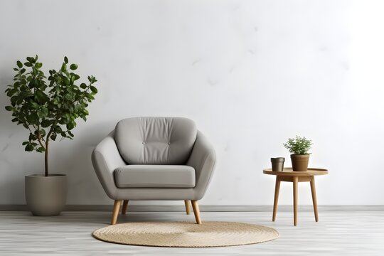 interior design of livingroom, Armchair, table with green plant in pot, round carpet on floor