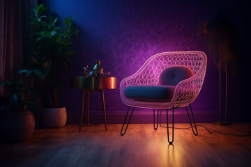 Chic decor with violet neon lights and a vibrant accent chair. Generative AI